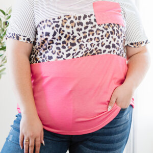 Pink Color Block Striped Leopard Top