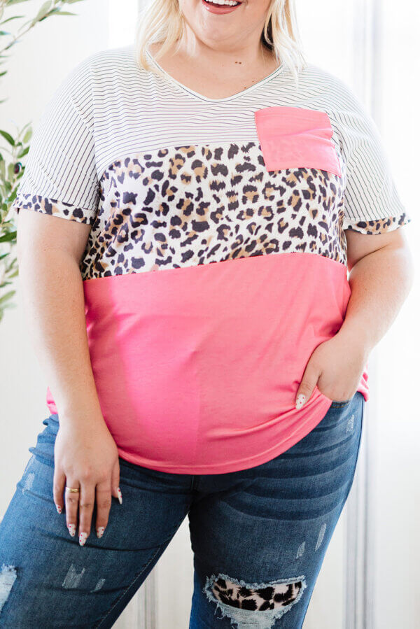 Pink Color Block Striped Leopard Top