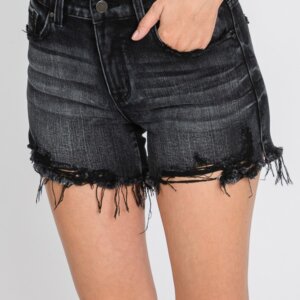 Black High Rise Stretch Shorts w/ Frayed Hem