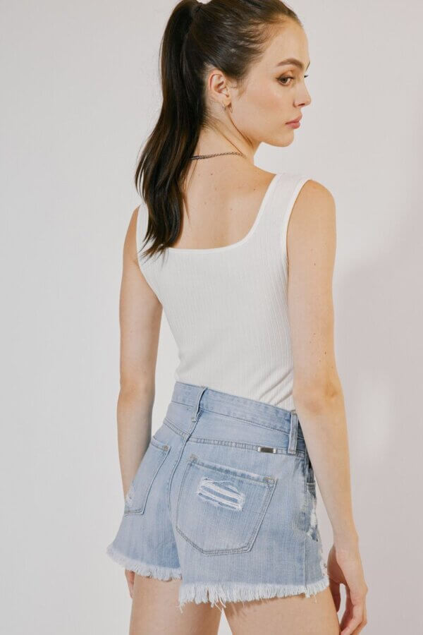 {KanCan} Light Wash High Rise Destroyed Denim Shorts - Image 4