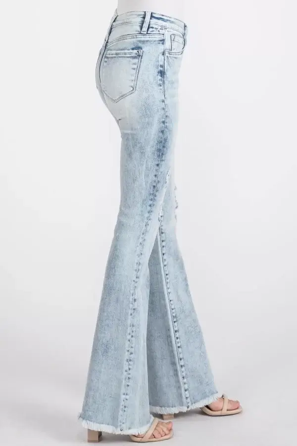 Distressed Mid Rise Stretch Flare with Frayed Hem - Image 3