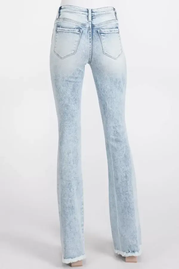 Distressed Mid Rise Stretch Flare with Frayed Hem - Image 2