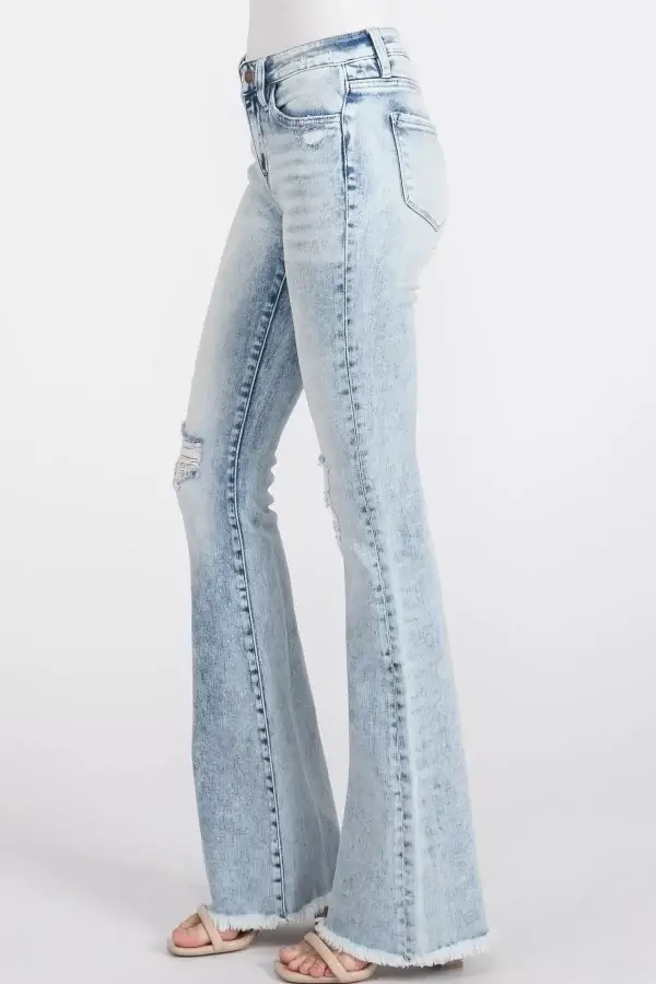 Distressed Mid Rise Stretch Flare with Frayed Hem - Image 4