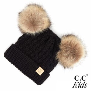 CC Kids Cable Knit Double Faux Fur Pom Beanie