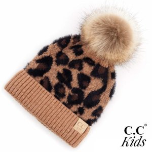 CC Kids Leopard Print Faux Fur Pom Beanie