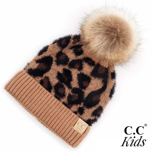 CC Kids Leopard Print Faux Fur Pom Beanie