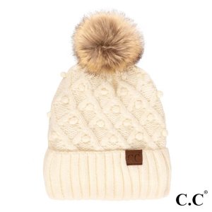 CC Fuzzy Lined Knit Beanie with Faux Fur Pom and Handmade Bobbles
