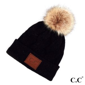 Geometric Cable Knit Faux Fur Pom Beanie