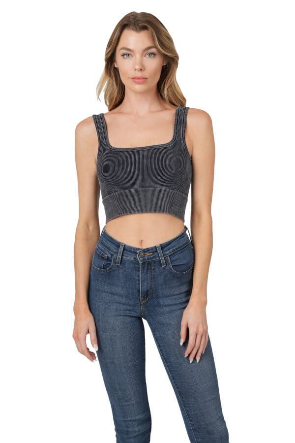 Ash Black Washed Ribbed Cropped Racerback Tank Top