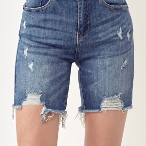 Risen High Rise Distressed Mid Thigh Shorts