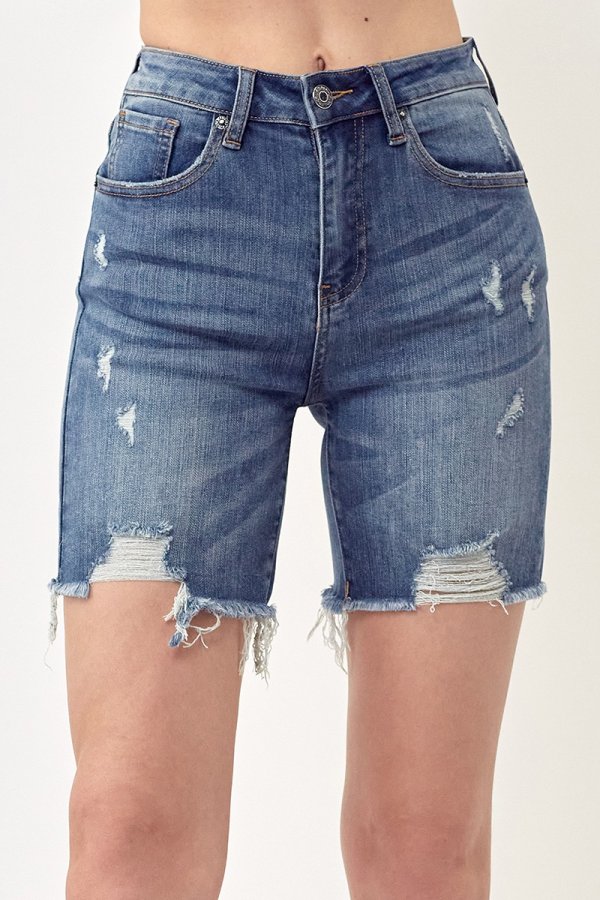 Risen High Rise Distressed Mid Thigh Shorts