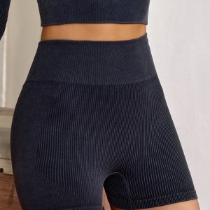 Black Seamless Ribbed Knit Biker Shorts