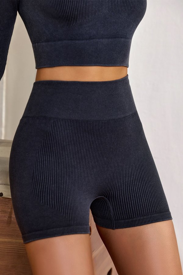 Black Seamless Ribbed Knit Biker Shorts
