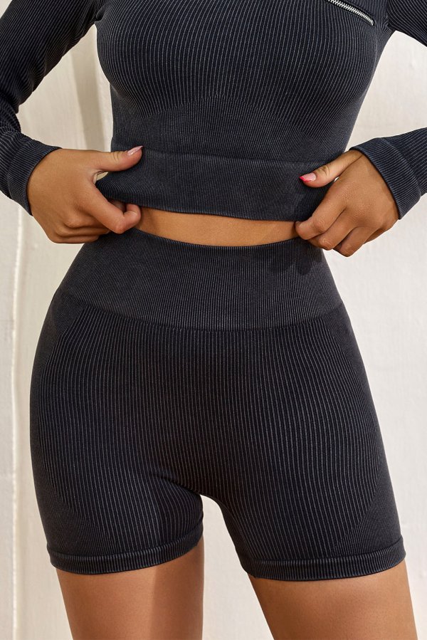 Black Seamless Ribbed Knit Biker Shorts - Image 3
