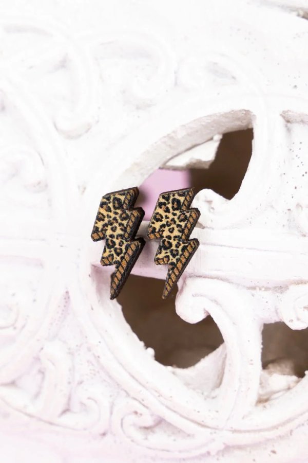 Leopard Lightning Bolt Wood Earrings