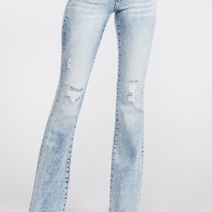 Petite Distressed Mid Rise Stretch Flare with Frayed Hem