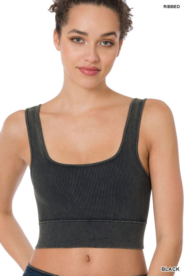 Black Washed Ribbed Square Neck Cropped Tank