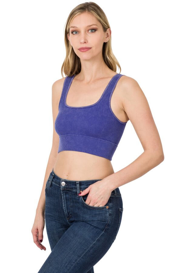 Bright Blue Washed Ribbed Square Neck Cropped Tank Top - Image 3