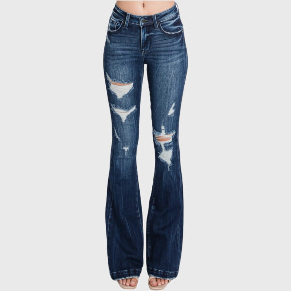 Distressed Mid Rise Flare Jeans with Trouser Hem - Image 9