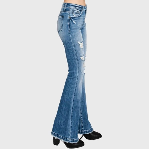 Distressed Mid Rise Flare Jeans with Trouser Hem - Image 3