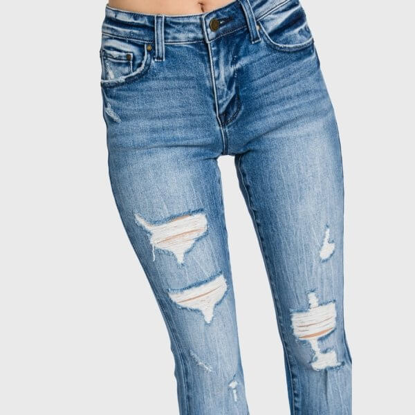 Distressed Mid Rise Flare Jeans with Trouser Hem - Image 4