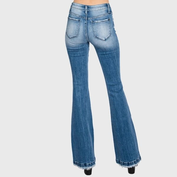 Distressed Mid Rise Flare Jeans with Trouser Hem - Image 5
