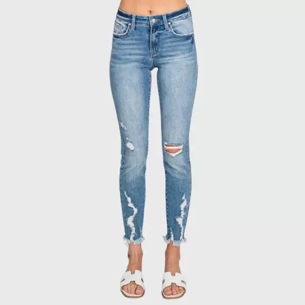 Destroyed Mid Rise Ankle Skinny Frayed Hem Jeans