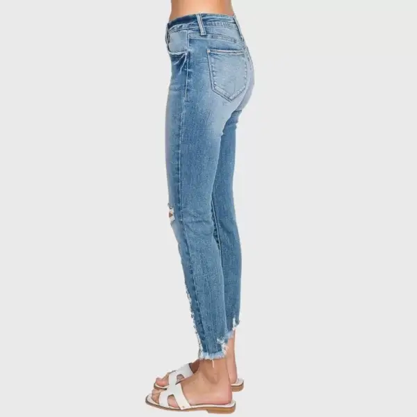 Destroyed Mid Rise Ankle Skinny Frayed Hem Jeans - Image 3