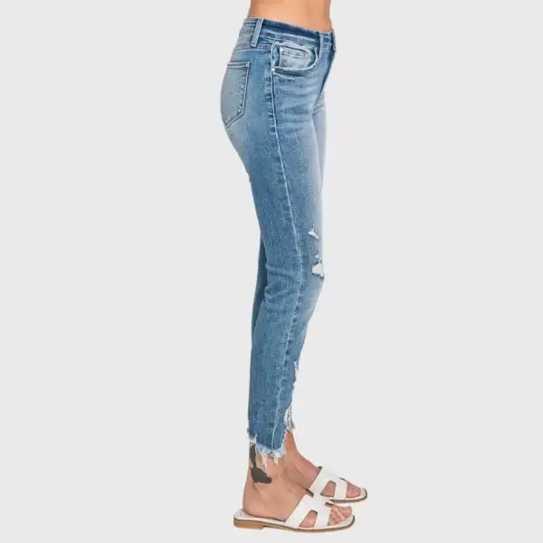 Destroyed Mid Rise Ankle Skinny Frayed Hem Jeans - Image 4