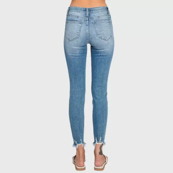 Destroyed Mid Rise Ankle Skinny Frayed Hem Jeans - Image 5