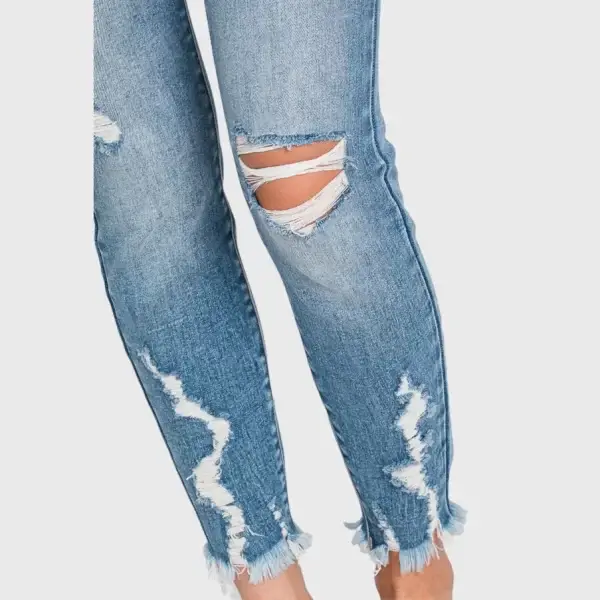 Destroyed Mid Rise Ankle Skinny Frayed Hem Jeans - Image 6