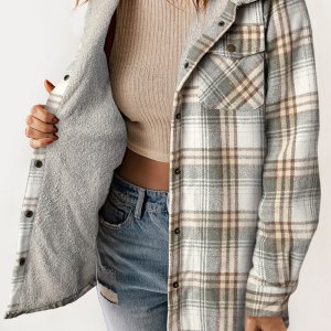Gray Plaid Sherpa Lined Hooded Shacket
