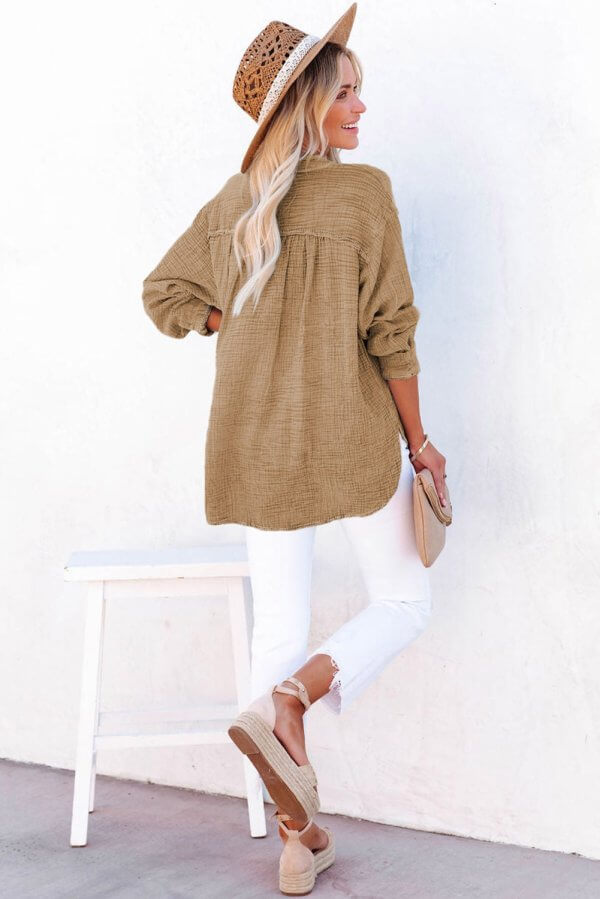 Brown Crinkle Textured Loose Henley Top - Image 2