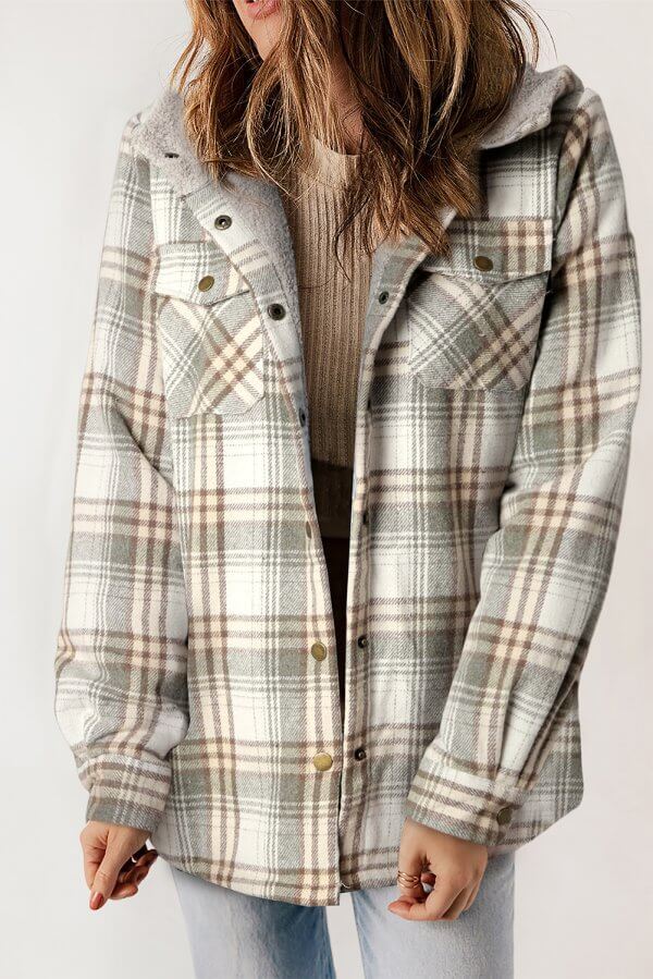 Gray Plaid Sherpa Lined Hooded Shacket - Image 2