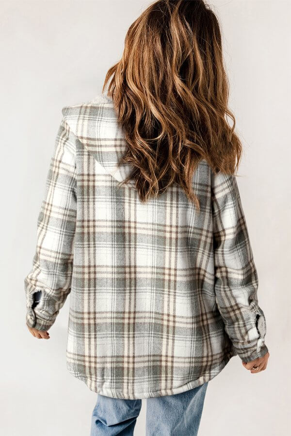 Gray Plaid Sherpa Lined Hooded Shacket - Image 3