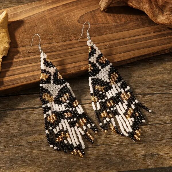 Leopard Sead Bead Fringe Earrings - Image 2