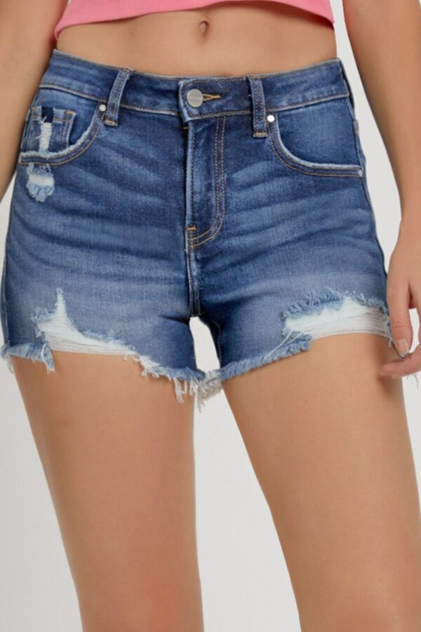 Risen Dark Wash Mid-Rise Bottom Hem Distressed Shorts