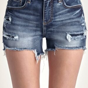 Risen Mid Rise Raw Hem Denim Shorts