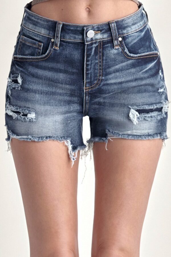 Risen Mid Rise Raw Hem Denim Shorts