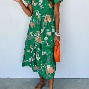 Green Floral Smocked Tiered Dress