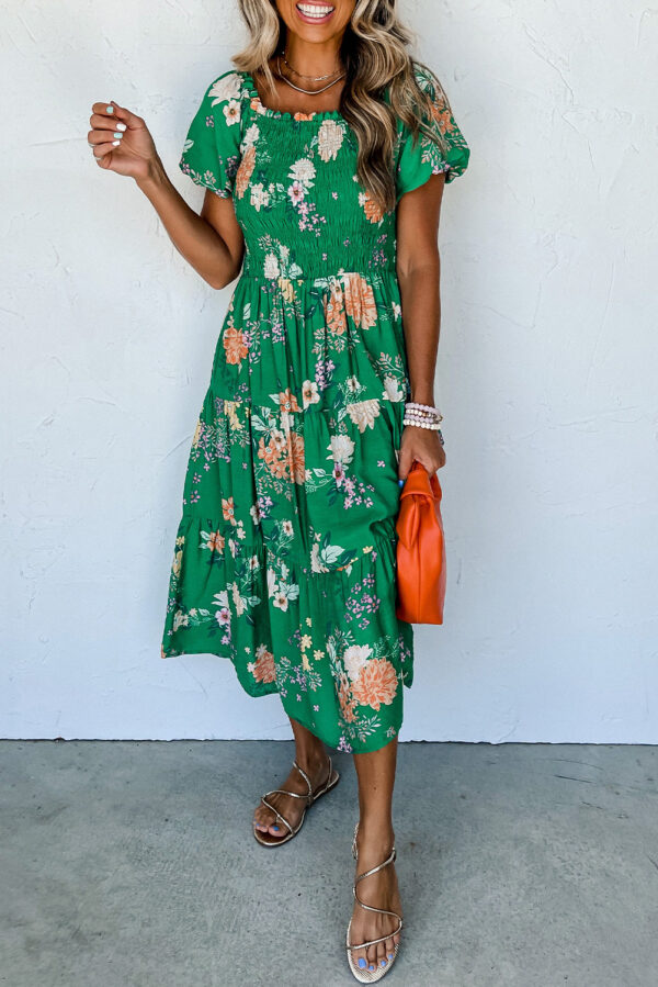 Green Floral Smocked Tiered Dress