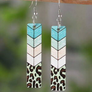 Green Leopard Wood Bar Earrings