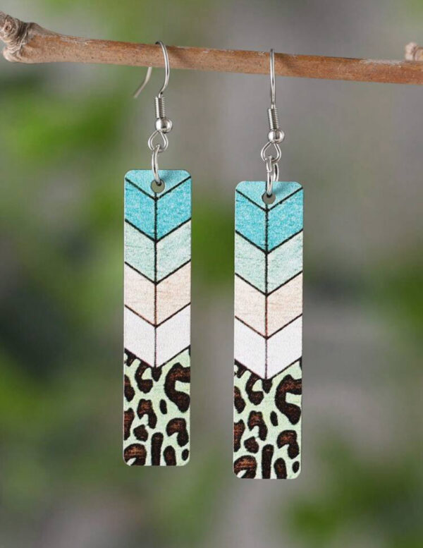 Green Leopard Wood Bar Earrings