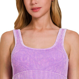 Bright Violet Washed Ribbed Square Neck Tank Top with Bra Pads