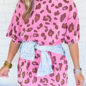 Pink Vintage Wash Leopard T Shirt Dress