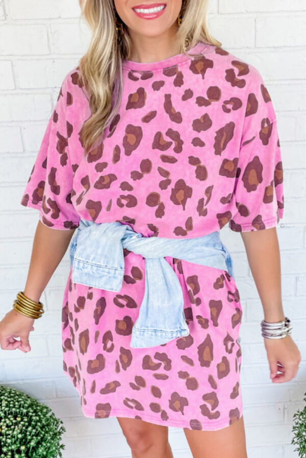 Pink Vintage Wash Leopard T Shirt Dress