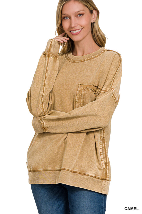French Terry Acid Wash Raw Edge Pullover w/ Pockets - Image 3