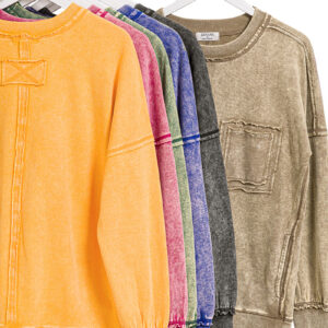 French Terry Acid Wash Raw Edge Pullover w/ Pockets