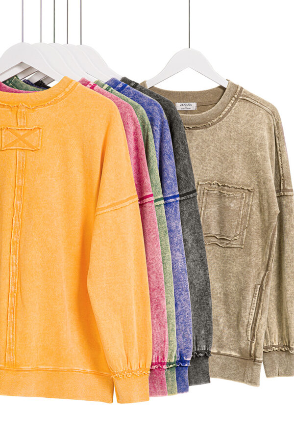 French Terry Acid Wash Raw Edge Pullover w/ Pockets