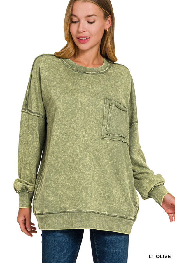 French Terry Acid Wash Raw Edge Pullover w/ Pockets - Image 5